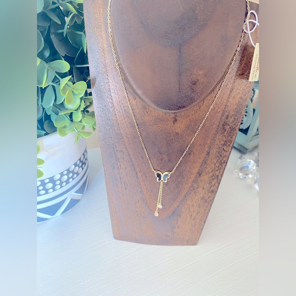 Brand New Isabella M. Gold over Sterling Silver black enamel butterfly necklace